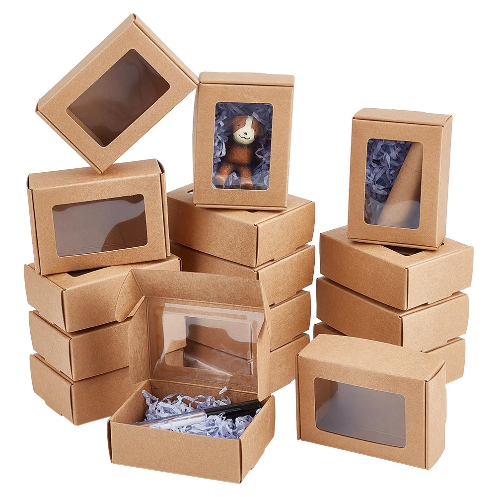 BENECREAT 30 Pack 3.3x2.3x1inch Rectangle Brown Kraft Paper Boxes with Clear Window for Wedding Party Favor Treats, Bakery, Valentine's Day Jewelry Gift Packaging