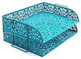 EasyPAG 2 Tier Stackable Desk Letter Tray Carved Hollow Flower Pattern,Dark Teal