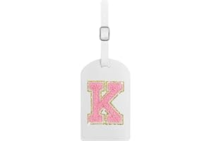 Fodofodo Initial Luggage Tag,Letter Luggage Tag,PU Leather Luggage Tags for Travel Bag Suitcases,Privacy Cover ID Label and Address Card（K,White Leather+Pink Letter）