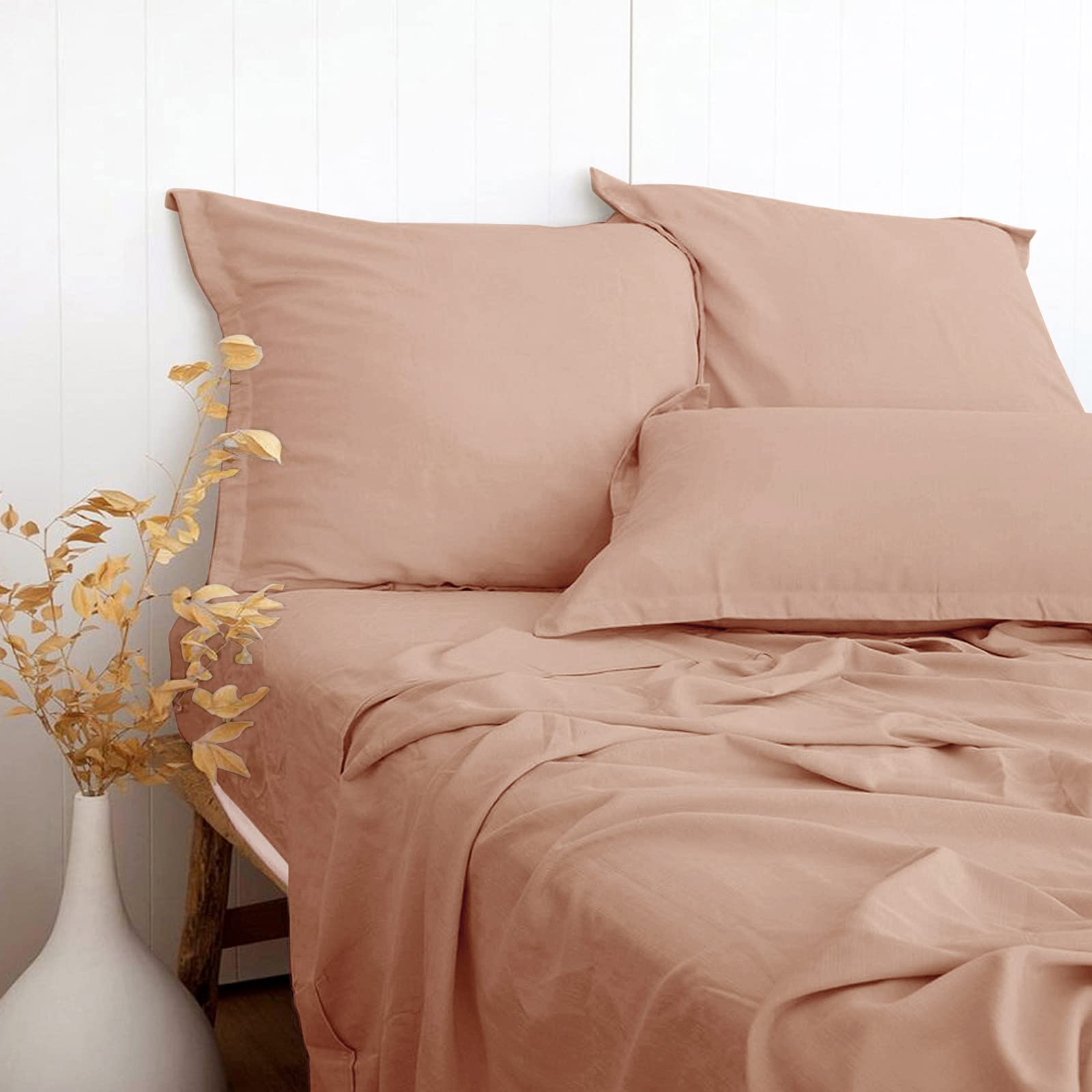 Photo 1 of Dusty Pink Linen-Textured Bed Sheets Set, Bamboo Rayon , Cotton , Linen Blend Bed Sheets Queen Size, Soft Cool & Breathable for Hot Sleepers,Durable Natural Organic Bed 15'' Deep Pocket - 4 Piece