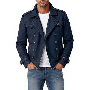Wankang Mens Faux Suede Jacket Notched Lapel Collar Double Breasted Military Tactical Jacket Trendy Casual Blazer Coat Winter
