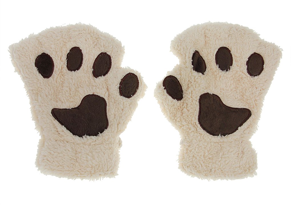 Women Girls Bear Faux Fur Soft Plush Cat Paw Claw Glove Fingerless Gloves Mitten Soft Winter Gloves Coral Fleece Mittens Beige