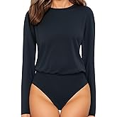 MANGOPOP Women's Body Suits Round Neck Loose Fit Satin Blouse Long Sleeve Bodysuit Tops