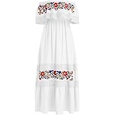 ABEHIK Mexican Dress for Women Traditional Off Shoulder Embroidered Present Casual Lace Long Maxi Dress Cinco de Mayo Outfit