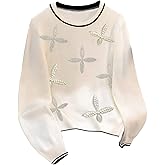 Verdusa Women's Faux Pearl Rhinestone Dressy Casual Tops Elegant Formal Long Sleeve T Shirts
