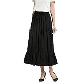 Tronjori Womens A Line Long Midi Denim Skirt Tired Pleated Layers Elastic Waist Front Drawstring