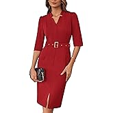 GRACE KARIN Women's Work Dress 3/4 Sleeve V Neck Bodycon Sheath Dress Zipper Up Office Business Dresses with Belt