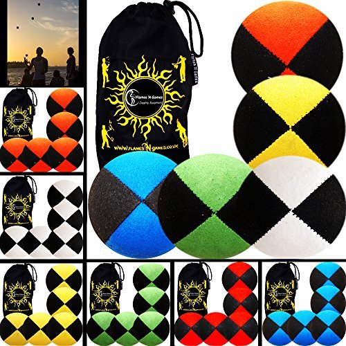 Flames 'N Games 5x Pro Thud Juggling Balls (SUEDE) Professional Juggling Balls Set of 5 + Travel Bag! (Black/Yellow)