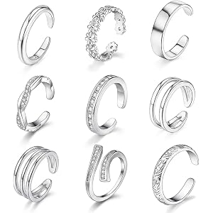 Lanjiesh 9Pcs 14K Gold Filled Toe Rings for Women Non Tarnish Adjustable Silver Dainty Open Toe Rings Set Waterproof Summer B