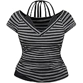 SOLY HUX Women's Plus Size Striped T Shirt V Neck Halter Short Sleeve Ruched Tee Y2k Going Out Summer Tops