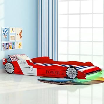 Festnight Kinderbett Autobett Rennwagen ohne Matratze mit LED 90 x 200 cm Rot
