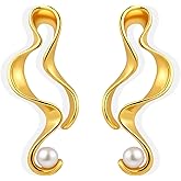 Wotforsh 14k Gold Plated Long White Pearl Twist Stud Drop and Dangle Wedding Vintage Prom Earrings for Brides Women