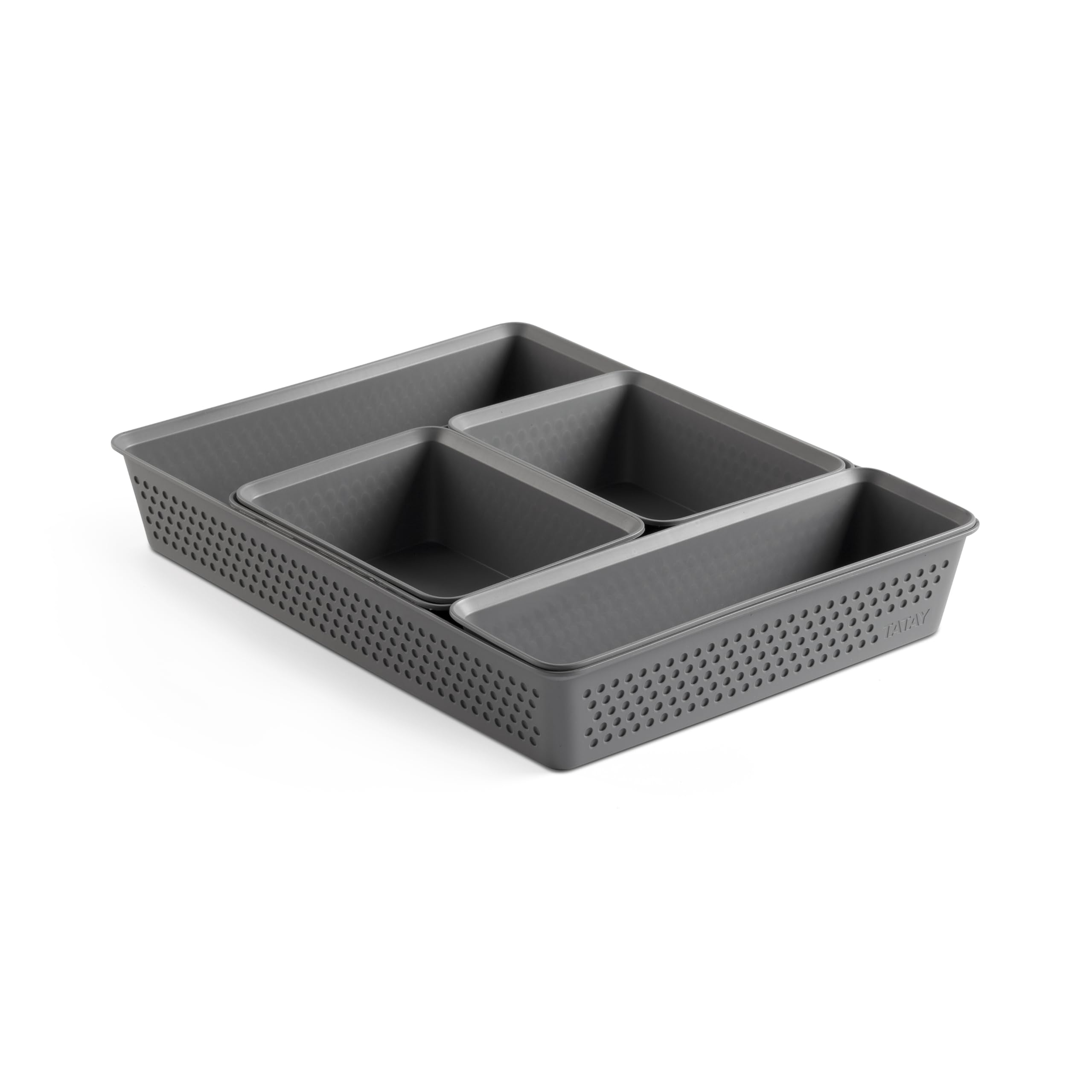 TATAY Plastic Storage Baskets Bohol | Set of 5: 2xA6 + A5 + A4 + Slim | Drawer Organisers | Minimalist Functional Design | Home & Office Organisation | Recycled BPA-Free Plastic, Grey