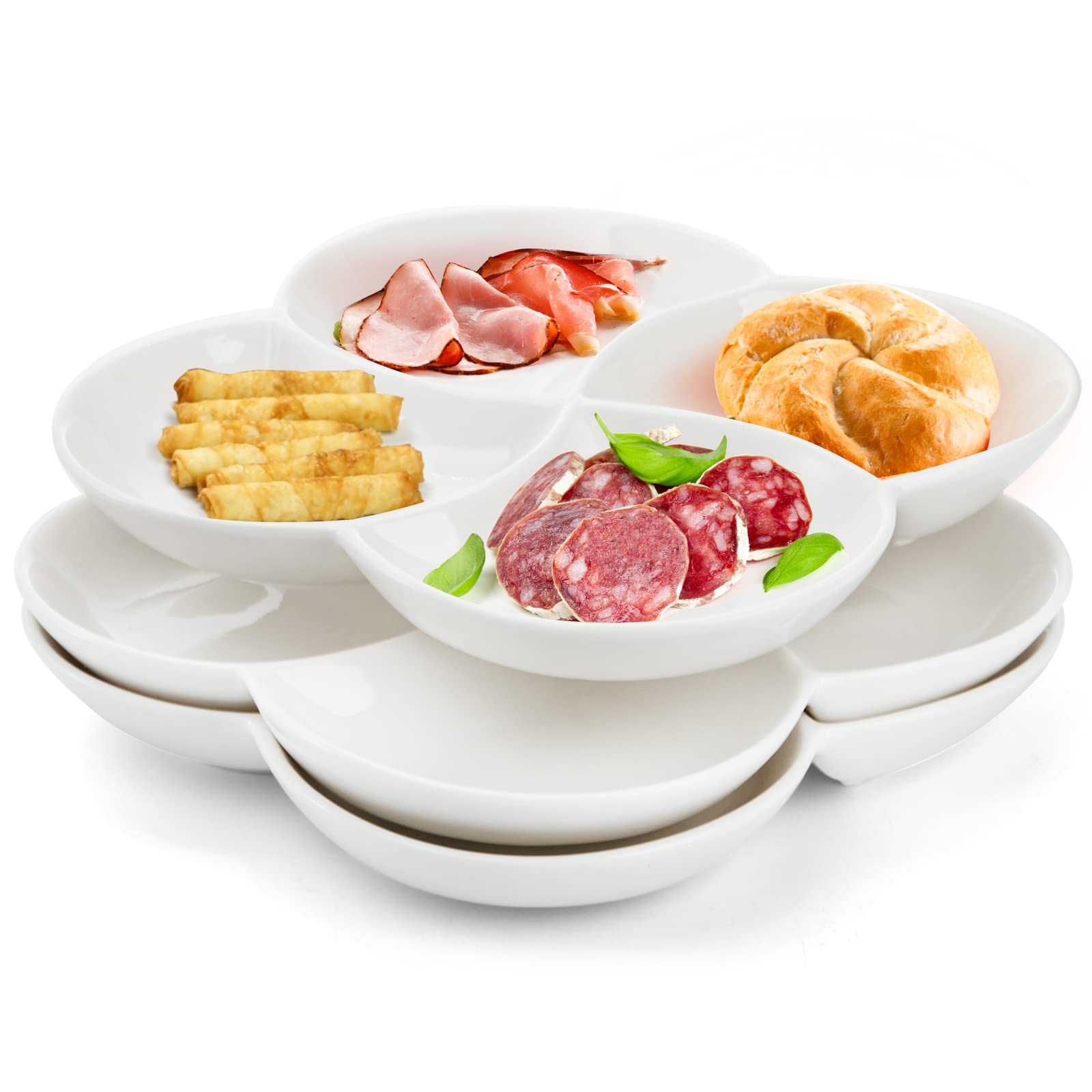 Photo 1 of ZENFUN Set of 3 Porcelain Appetizer Platter with 4 Compartment, Flower-shaped Candy and Nut Serving Tray Snack Serving Plate Dishes for Vegetables, Fruit, Dessert, 8.5'' x 8.5'', White