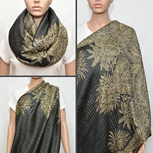 Nursing Cover - Nursing Scarf - Nursing Infinity Scarf - Breastfeeding Cover (Dark Gray with Floral Golden Beige Pattern)