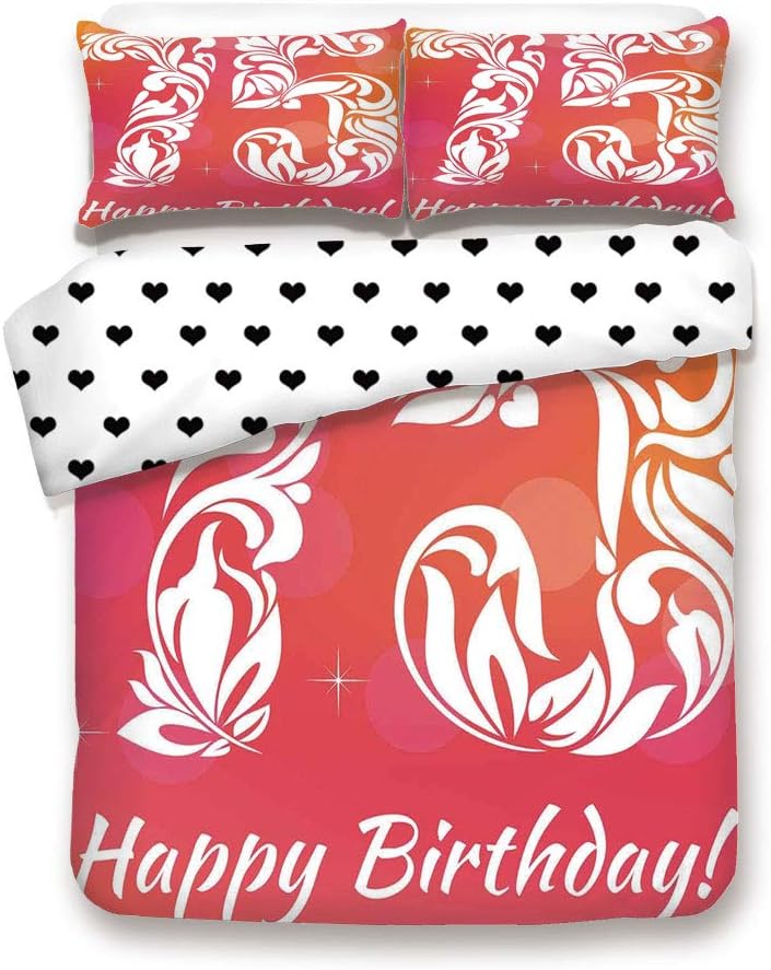 Duplex Print Duvet Cover Set Queen Size/Seventy Five with Floral Details and Swirls Little Stars/Decorative 3 Piece Bedding Set with 2 Pillow Sham,Duplex Print Orange White,Best Gift for Your Beloved