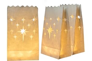 Homemory White Luminary Bags, Upgraded Moisture-Proof Candle Bags, Stars Design Luminaries for Wedding, Party, Halloween, Thanksgiving, Christmas (24)
