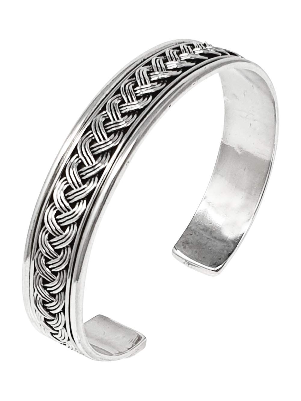Treasure Bay Men's 925 Sterling Silver Bangle, Open Cuff Silver Bracelet Braided