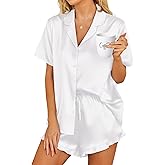 HOTOUCH Womens Satin Pajamas Set Button Down 2 Piece Silk Pjs Shorts Set Ruffle Lingerie Notch Collar Sleepwear