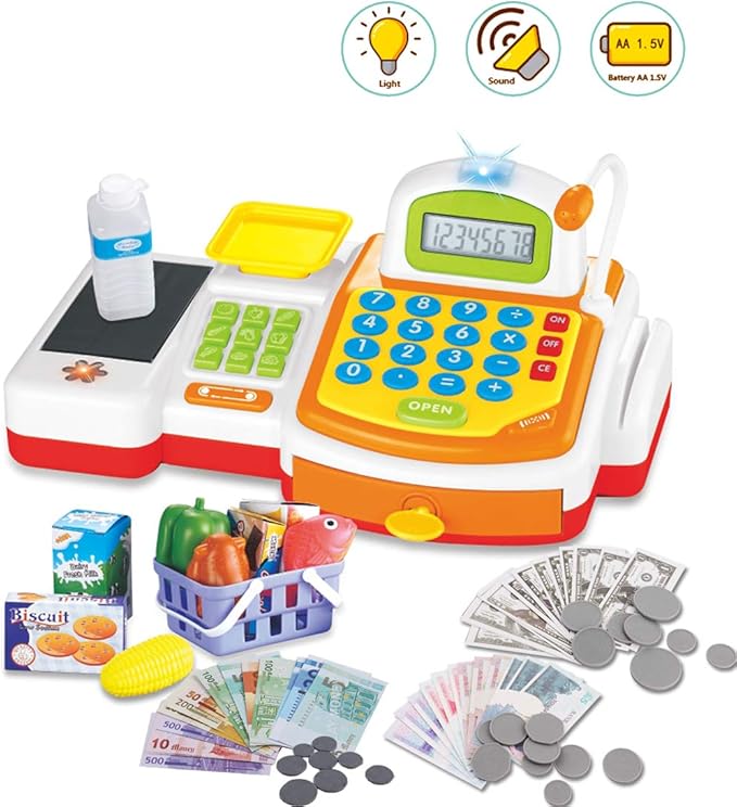 FUNERICA Registratore Di Cassa Giocattolo Per Bambini – Con Microfono, Scanner, Frutta Tagliabile E Soldi Finti - 5