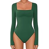 Avidlove Bodysuits for Women Sexy Long Sleeve Bodysuit Square Neck Double Lined Ruched Snap Closure Bodysuit Tops