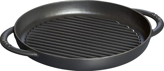 Staub Grillpfanne rund (26 cm, induktionsgeeignet, mit mattschwarzer Emaillierung im Inneren der Pfanne) schwarz