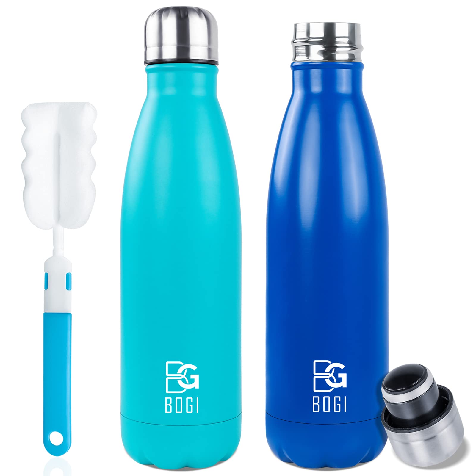 BOGI 2 Pack Insulated Water Bottle,500ml Stainless Steel Water Bottle-Leakproof Metal Water Bottle Keep Drink Hot & Cold Water Bottle Sports Water Bottle for Girls Kids with Cleaning Brush(Mint+Dblue)