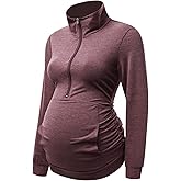 DEBELLY Maternity Shirt with Pocket Women's Lapel Top Casual Pregnancy Long Sleeve Zipper Hoodie
