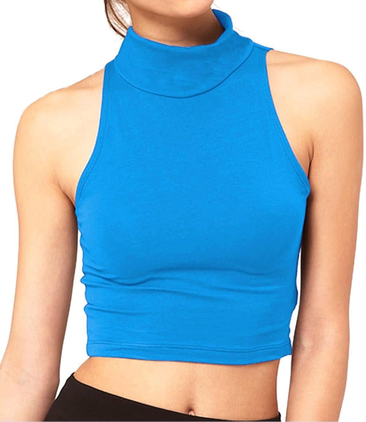 Womens Plain Sleeveless Polo Neck Crop Top(Turquoise Polo Neck Croptop