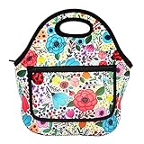 MangGou Floral Pattern Lunch Bags with Side Pocket Zipper Closure Waterproof Neoprene Reusable Insulated Lunch Boxes for Women Teen Girls Lunch Bag Box Tote for School Work Office Picnic Travel