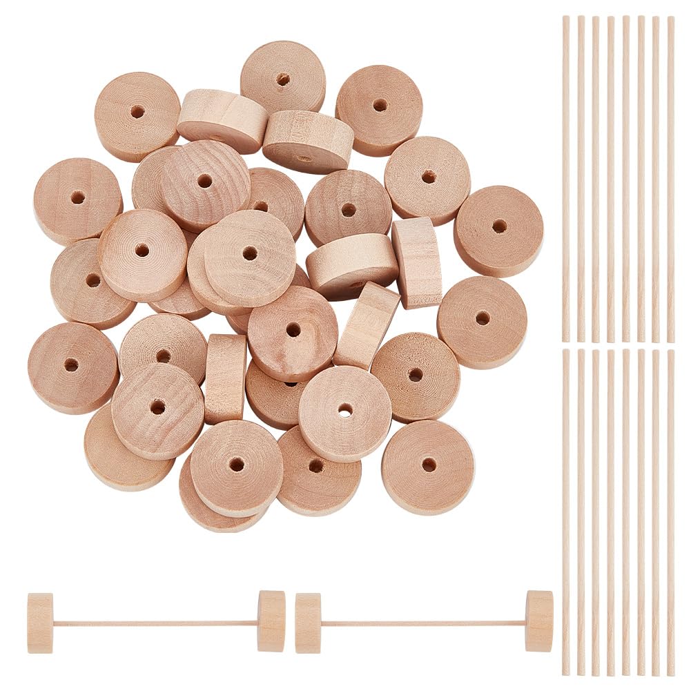 DELORIGIN 36 Pack 1" Wooden Craft Wheels with 18Pcs Sticks, Slab Mini Wood Wheels with 0.16 inch Holes, Unfinished Flat Wheels for Crafts DIY Cars Painting Colors Wood Working Pegboards