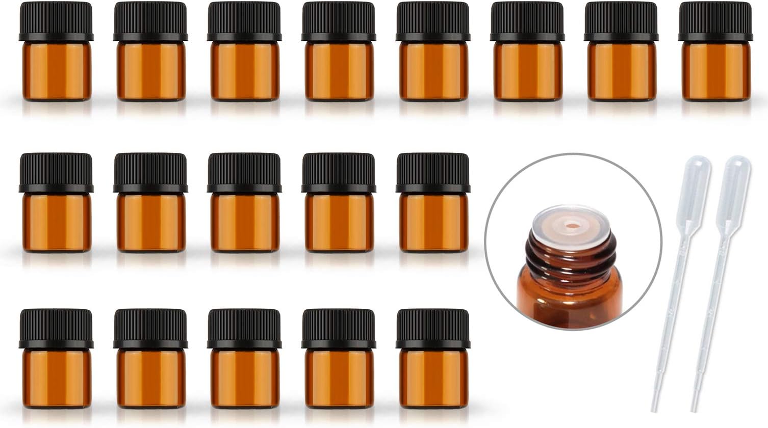 50Pack Set 1ML 2ML 5ML Amber Glass Bottle with Orifice Reducer and Cap Small Essential Oil Vials (1ML)