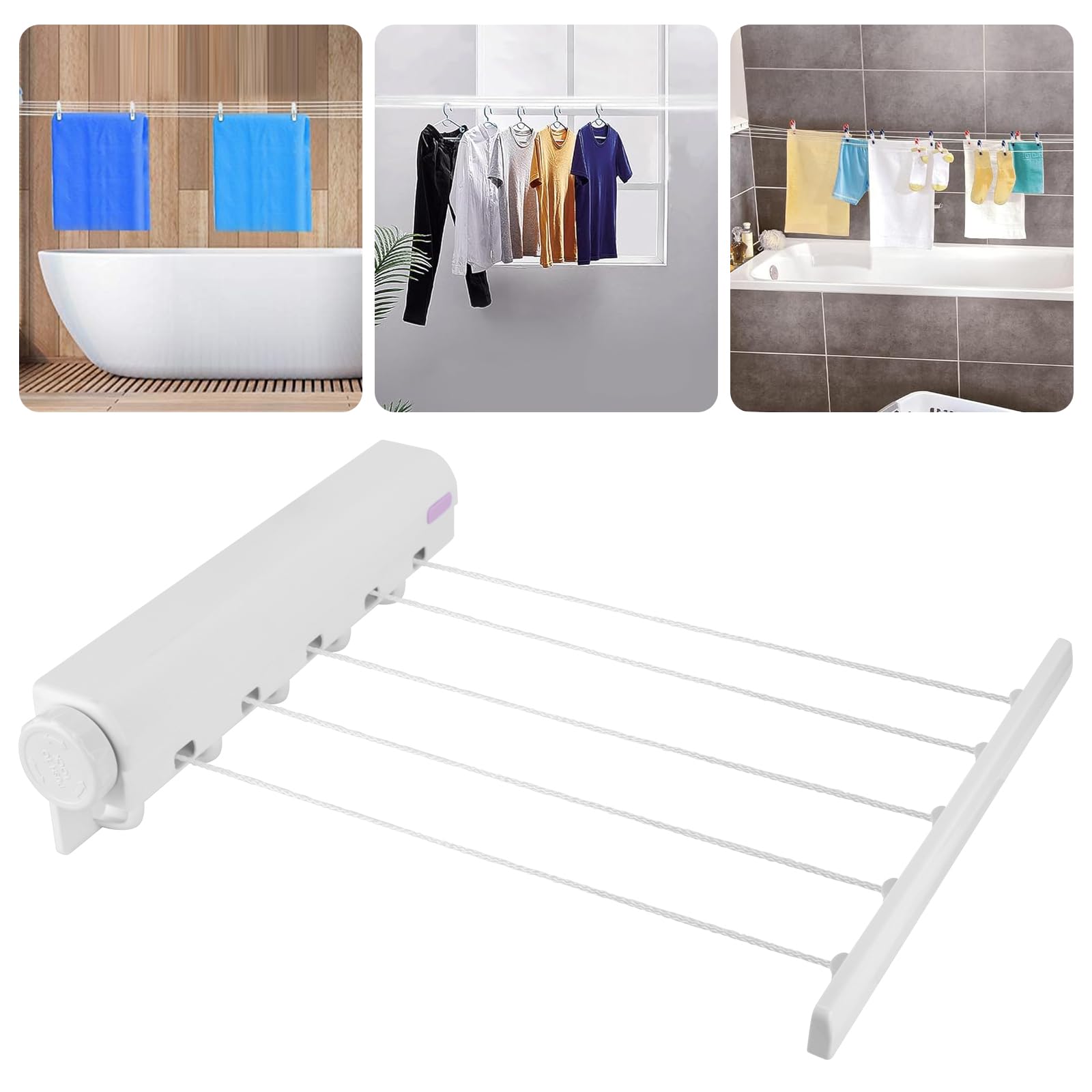 PCXWTLN Retractable Clothesline, 5 Wire Wall Mounted Clothes Drying Rack Extendable Washing Line Rope 3.75m Pull Out Airer Clothesline with 5 Hooks for Laundry Line Drying Rack Terraces Balconies