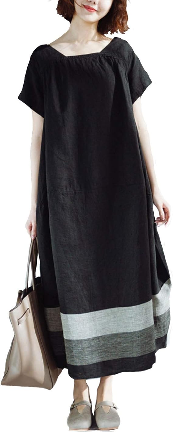 Amazon Go On レディース マキシワンピース 半袖 ゆったりワンピース 配色 ロング丈 体型カバー 文芸風 ワンピース カジュアル 秋 夏 ワンピース チュニック 通販