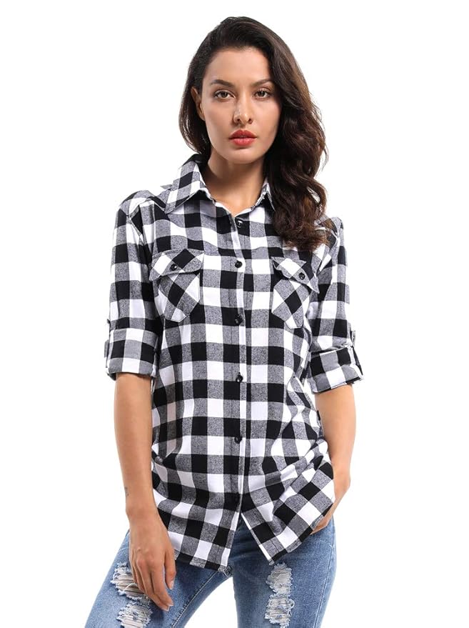 OCHENTA Women's Long Sleeve Button Down Plaid Flannel Shirt D055 Black White S