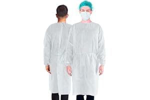 MEDD MAX WE SUPPLY WE CARE Disposable Isolation Gowns with Long Sleeve, Elastic Cuffs, Fully Closed Double Tie Back – Lightweight Breathable, Fluid Resistant, Unisex, White (Pack of 50)