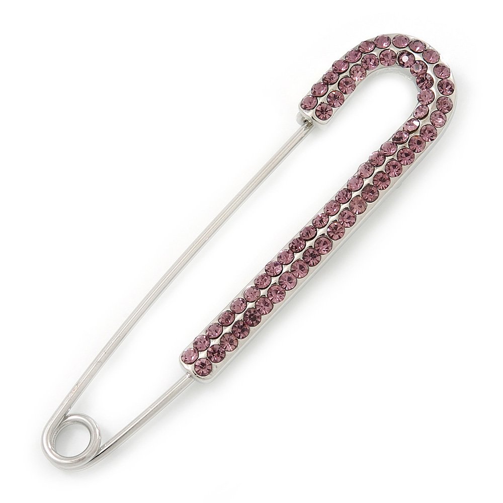 Classic Amethyst Austrian Crystal Safety Pin Brooch In Rhodium Plating - 75mm Length