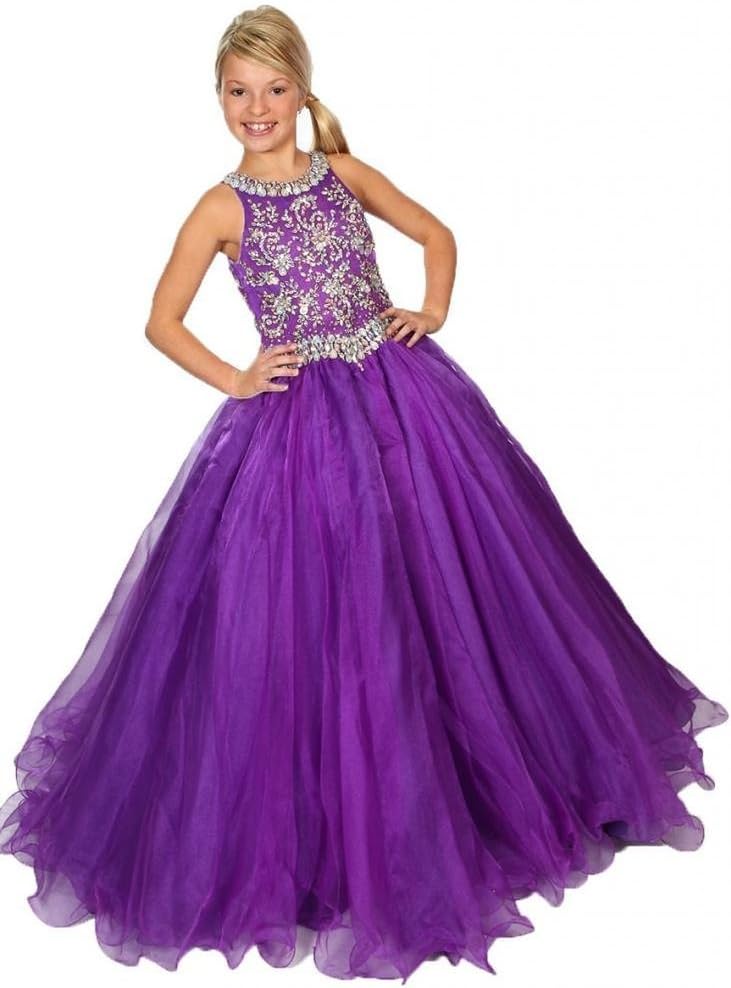 Menglu Girls' Purple Jewel Crystals Beaded Pageant Ball Gowns Dress