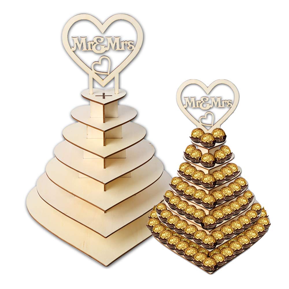 7 Tier Wooden Chocolate Display Stand Tower, Personalised"Mr & Mrs" Heart Shape Dessert Candy 3D Holder, Wedding Display Stand Rack, Wedding Decoration Supplier Party Centrepiece