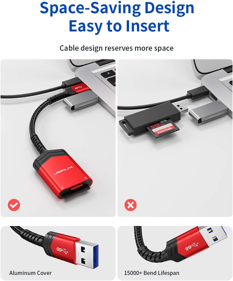 SD Card Reader USB 3.0 [2-in-1], JSAUX Dual Flash Memory Card Adapter for TF, SD, Micro SD, SDXC, SDHC, MMC, RS-MMC, Micro SDXC, Micro SDHC, UHS-I, Plug and Play, Read 2 Cards Simultaneously -Red: Computers & Accessories