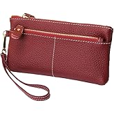 AurexaFashion Women Genuine Real Leather Wristlet Wallet Clutch. 3 Zipped Pockets, 6 Credit Card Slots Case Coin Purse (Burgundy)