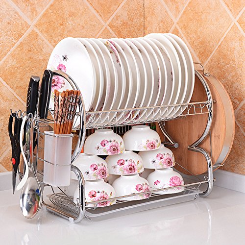 Cadrim 2-Tier Stainless Dish Rack and Drainboard Set Dish Draining Rack for Bowls and Plates (with cutting board and knife holder)