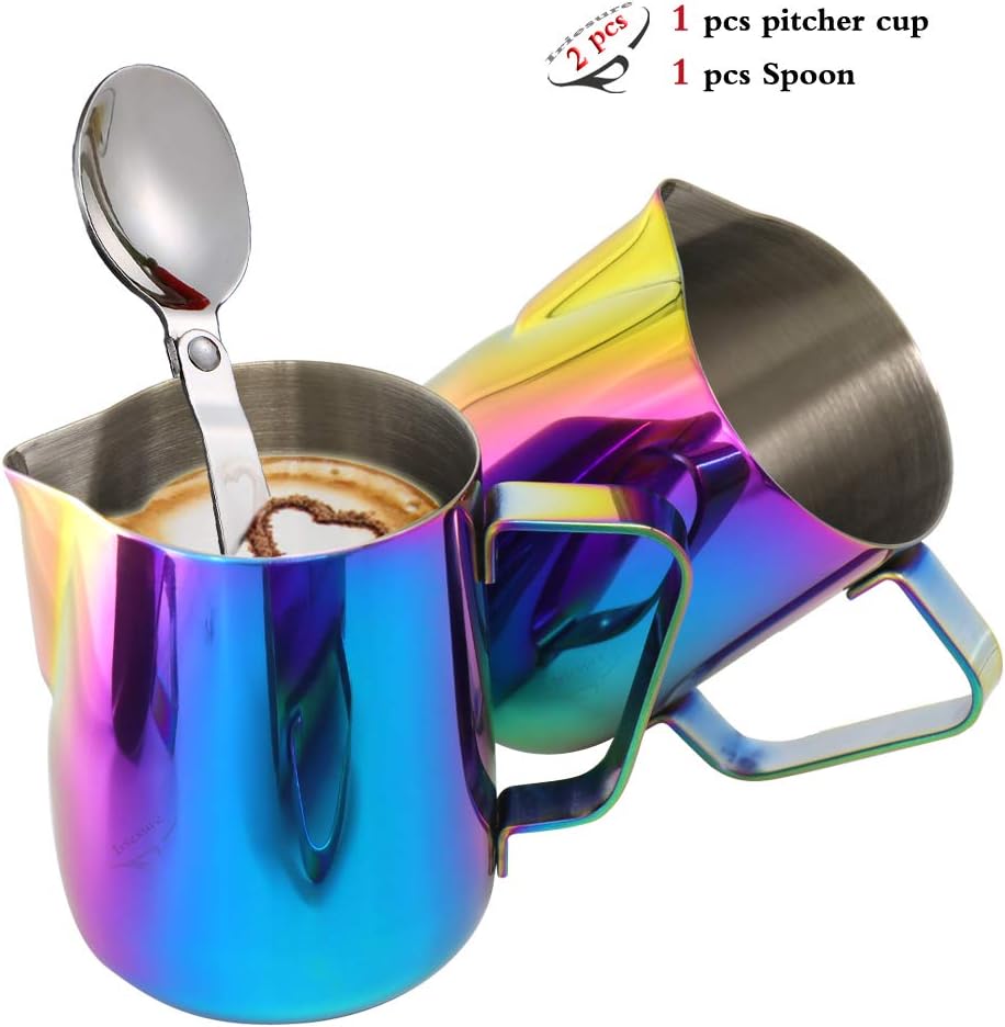1PCS Milk Pitcher + 1PCS Foldable Spoon, Stainless Steel Milk Cup and Spoon, Good Grip Frothing Pitcher, Coffee Pitcher, Espresso Machines, Milk Frother & Latte Art (350ML) - Rainbow Color