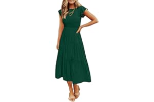 ZESICA Women's 2024 Summer Casual Flutter Short Sleeve Crew Neck Smocked Elastic Waist Tiered Midi Dress
