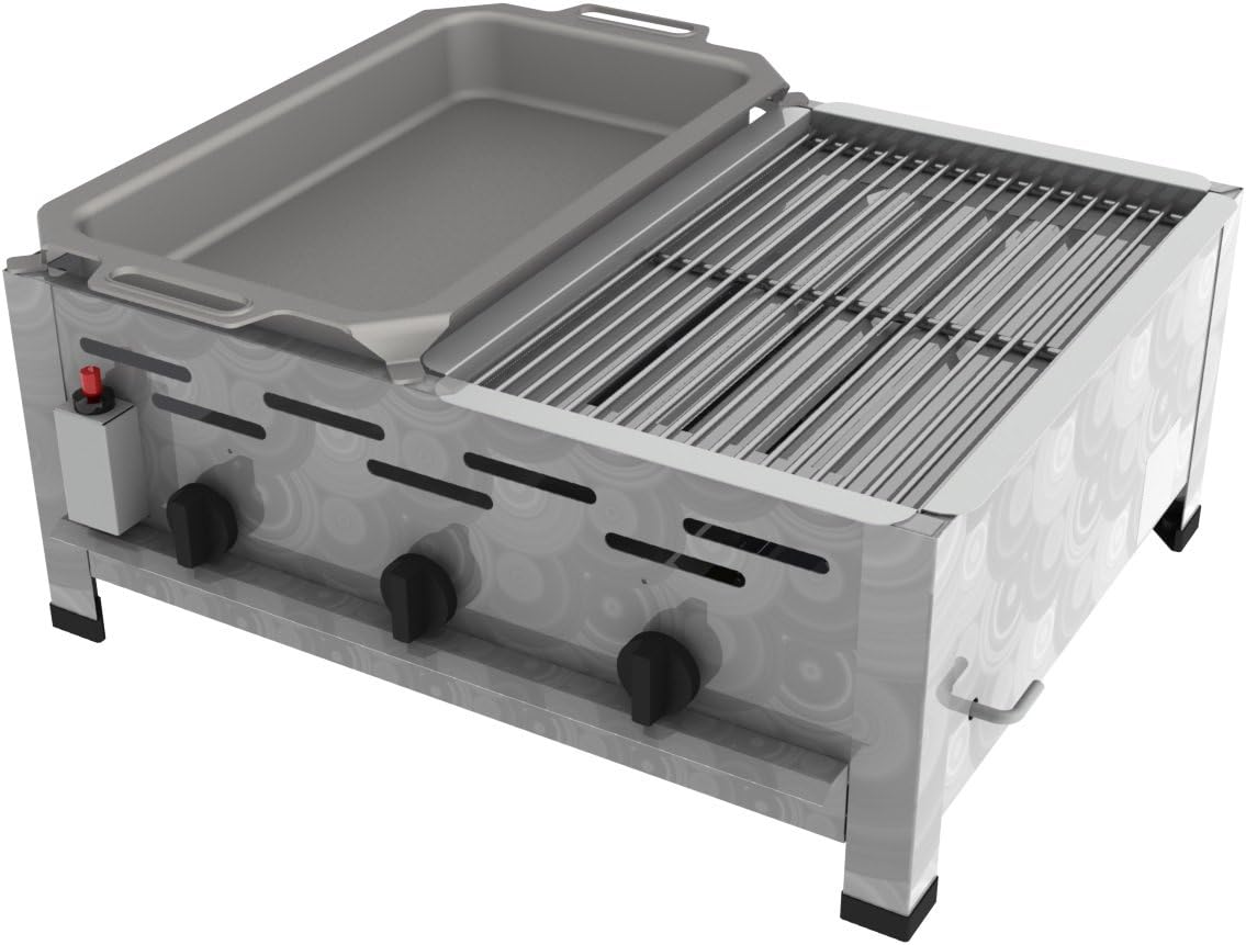 DPS Gasgeraetemanufaktur Hessen Gasbräter 3-flammig Kombi 1er Rost und 1er Pfanne Tischgerät Flüssiggas 13,5 KW