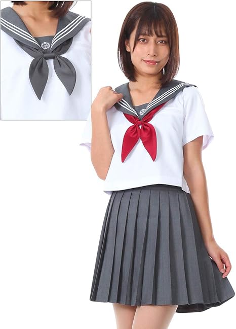 Amazon リボン２個付き Monoii セーラー服 コスプレ 女子高生 制服 コスチューム 白 紺 赤 Jk 学生服 仮装 衣装 ｍサイズ 半袖 グレー ミニスカート グレー D007 コスプレ 仮装 通販