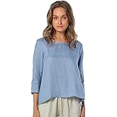 Amazhiyu Women's Linen 3/4 Sleeve Blouse Crew Neck Summer Casual Tops Loose Fit