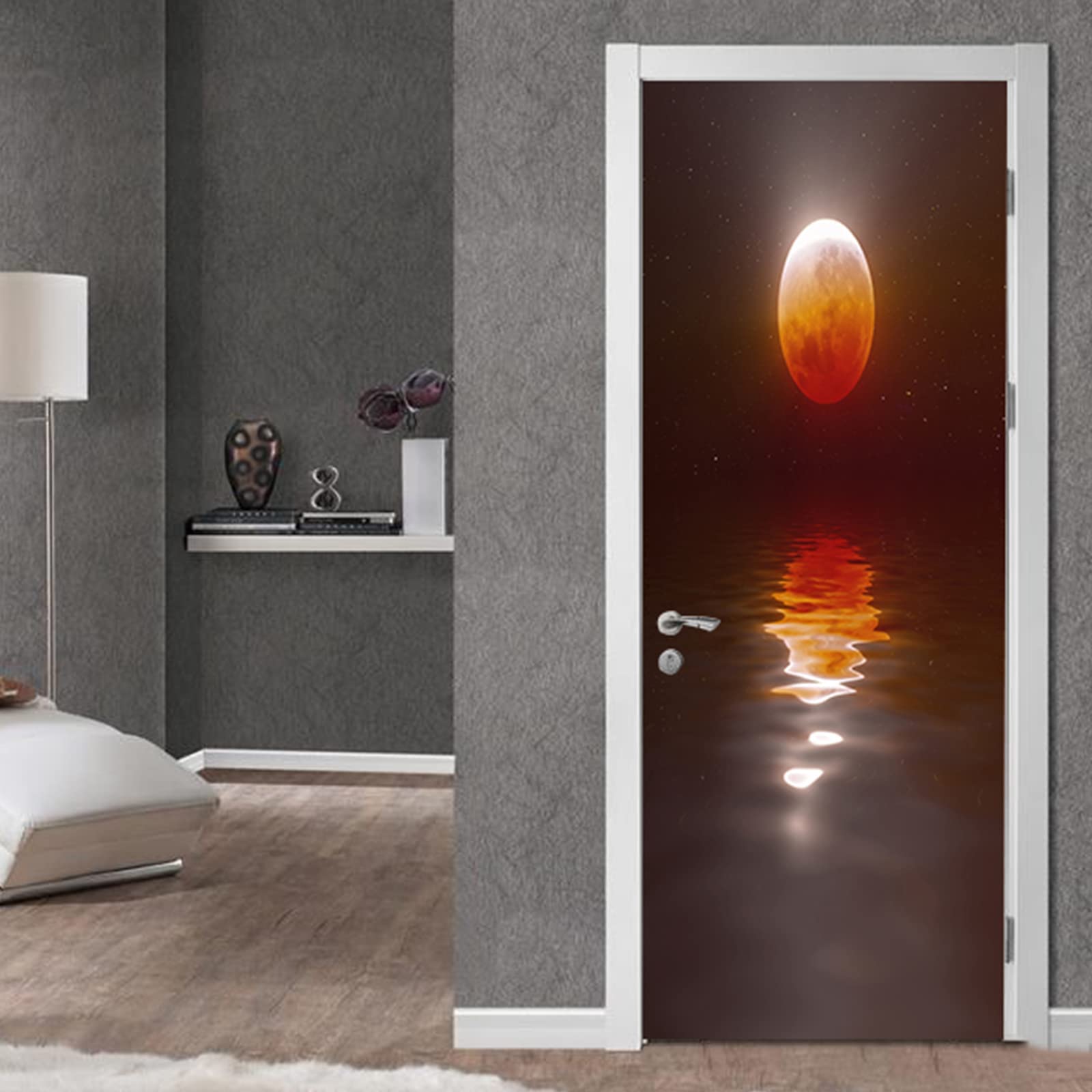 FLFK 3D Door Murals Peel and Stick 77x200cm-Self-adhesive Red Moon Lake Door Stickers Wall Decals Wallpaper for Home Bedroom Decor(2Pcs/Set)