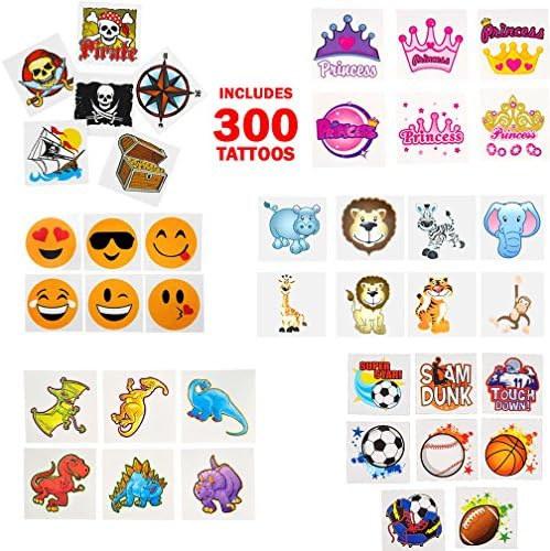 Temporary | Fake Tattoo Assortment for Kids - Variety for Boys and Girls - Pirates, Princess, Zoo Animals, Dinosaurs, Emoji and Sports - Birthday Party Favors or Prizes