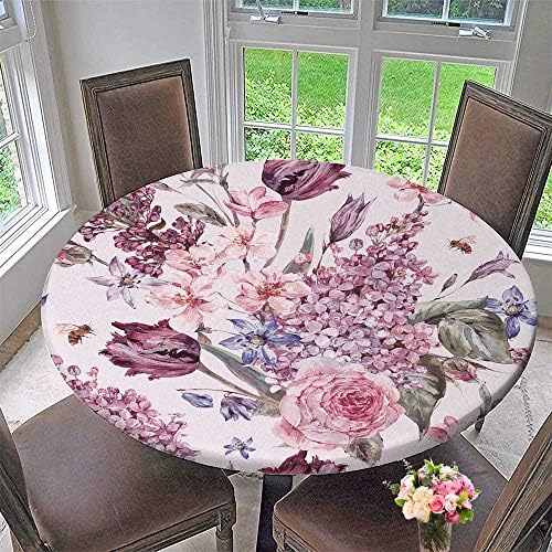 PINAFORE HOME Picnic Circle Table Cloths Shabby Garden SPR Background with Pink Flowers Bloom branche Peach for Family Dinners or Gatherings 40"-43.5" Round (Elastic Edge)